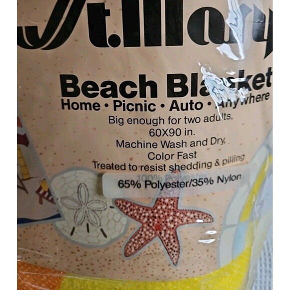 VTG 1980s St Mary's Blanket Day at the Beach 60x90 Penguins Palm Trees NEW - Picture 4 of 5
